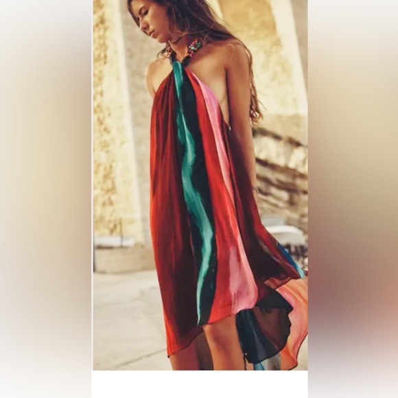 NWOT ZARA BEADED HALTER multicolored print open back asymmetric hem - Picture 5 of 11